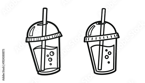 A line drawing of two clear plastic cups with domed lids and straws containing a bubbly liquid