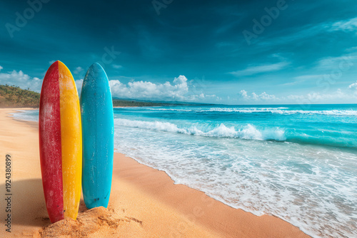 Colorful surfboards stand ready on a sandy beach with turquoise waves crashing ashore under a bright blue sky