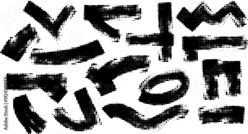 Grunge paint stripes and brayer print effects with merged black lines.
Thick rectangular callout stamps and chalk-style text boxes.