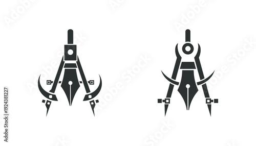 Two black and white images of compasses with pointed tips and curved handles