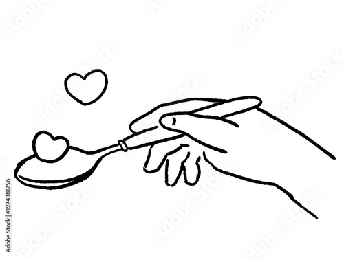 ハートをスプーンですくう手の線画のイラスト