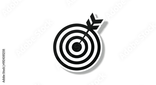Black target symbol with arrow hitting bullseye on white background, representing success and accuracy in business and marketing goals