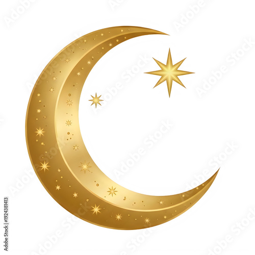 Golden crescent moon with star isolated on a transparent background