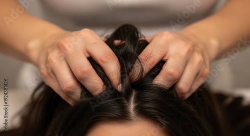 Professional hands performing invigorating scalp massage on dark hair, providing deep relaxation. Gentle scalp massage stimulates blood circulation, promoting healthy growth.