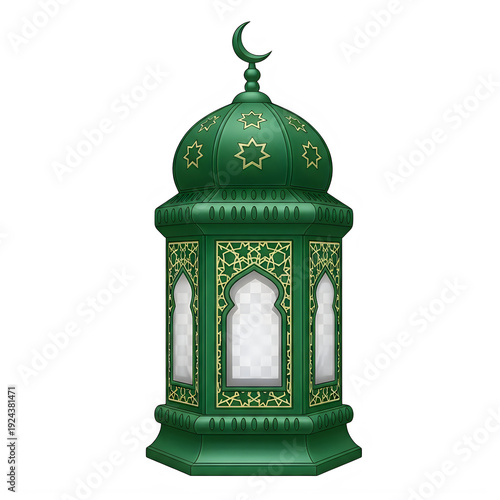 Beautiful green mosque lantern isolated on a transparent background