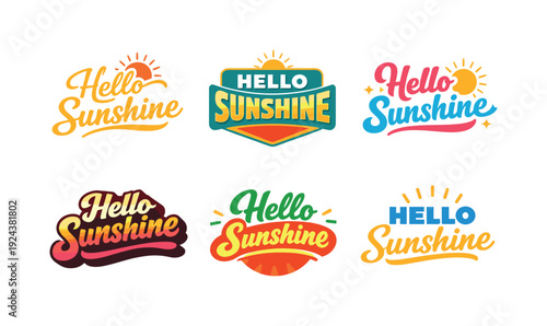 Modern Holiday Logos. Clean modern holiday banner illustration displaying modern lettering logo set for Hello Sunshine,