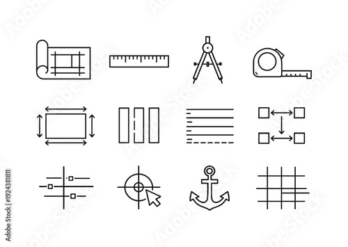 UI Blueprint Icons. Line style of UI blueprint scaffold vector icons: blueprint, ruler, compass, measure; margins, gutters,