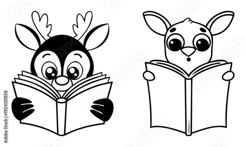 Two cartoon animals engrossed in reading books with expressive faces