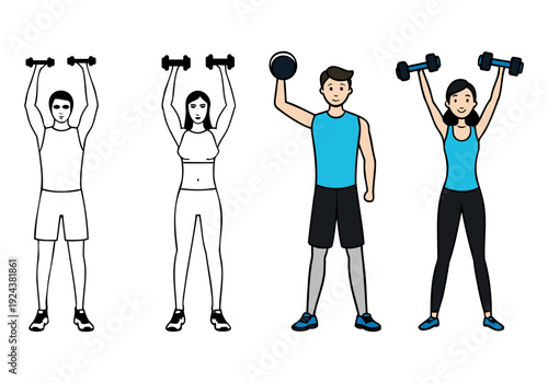 People performing overhead dumbbell shoulder exercises in various stances
