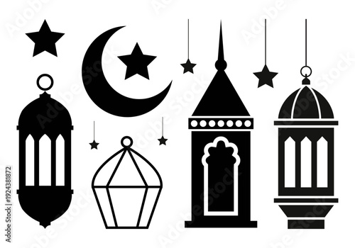 Traditional islamic lanterns and crescent moon symbols in black and white design