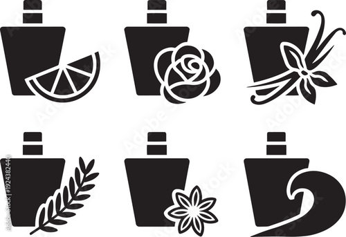 Fragrance bottle icons set with floral citrus vanilla spice and marine scent notes vector