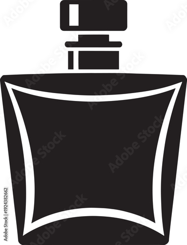 Minimalist black perfume bottle icon with geometric spray cap on transparent background sf