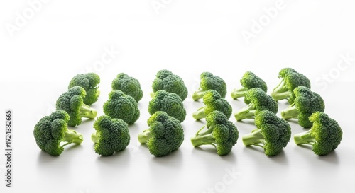 Fresh Green Broccoli Florets Arranged Artfully on a White Surface