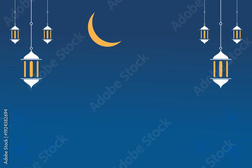 Ramadan kareem blue islamic background with crescent moon and hanging lanterns