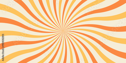 Swirling radial ice cream background. Orange groovy vortex spiral twirl. Twirl sunburst psychedelic pattern. Orange lollipop texture. Swirl candy background. Vector illustration.