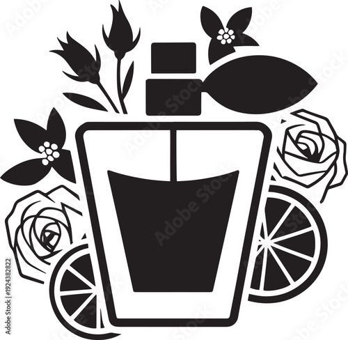 Modern perfume bottle silhouette with stylized floral outlines and citrus fruit elements