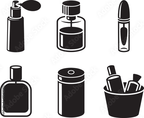 Perfume and cosmetic bottles and containers vector icon set