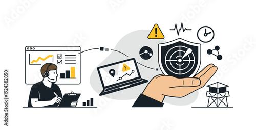 Modern minimal flat vector conceptual collage, crisp hard edges, consistent THIN outline stroke, rounded corners where needed,