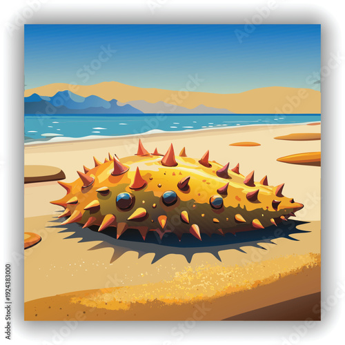 A close-up, eye-level shot presents a sea cucumber resting on a sandy beach at the water's edge. The sea cucumber, the main subject, is oblong-shaped and has a textured exterior, covered in small, clo