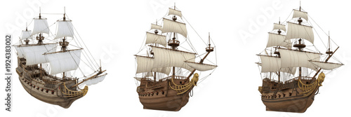 Galleon isolated on white background, 16th–17th century Spanish sailing ship, merchant and war vessel, transatlantic trade ship, large oceanic sailing vessel, historical galleon