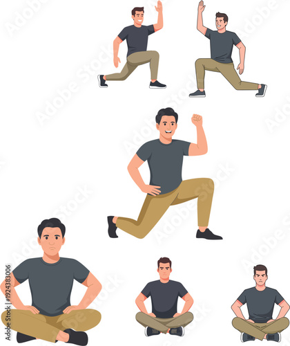 Flat vector illustration of a young man performing various fitness exercises like lunges and sitting stretches for workout