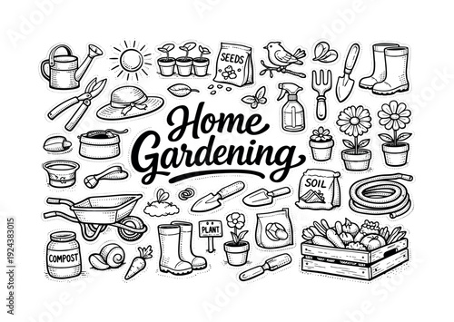 Home gardening equipment set, hand drawn doodle elements set, center hand-lettered title, black & white vector line art, bold