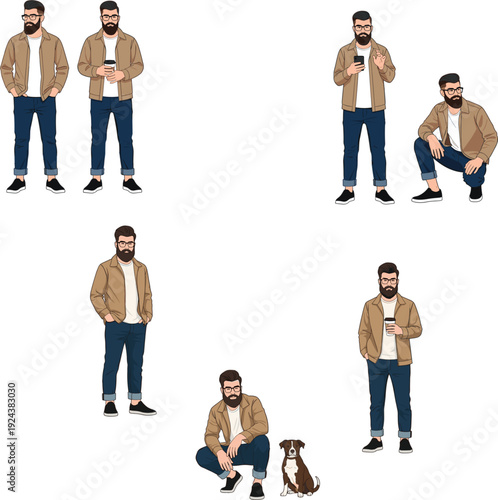 Flat vector illustration set of a bearded young man in a brown jacket and jeans posing with a dog and coffee