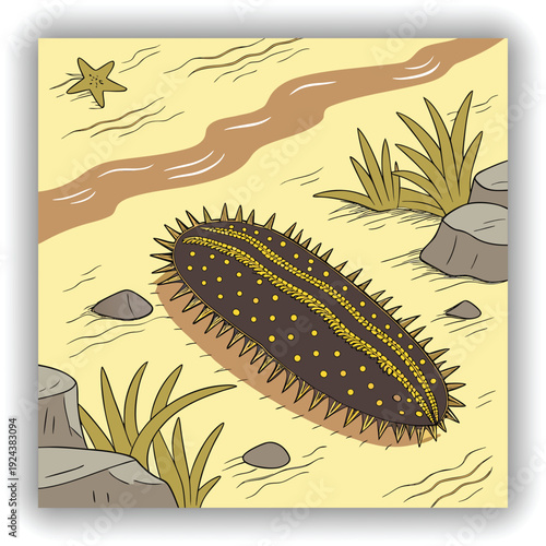 A close-up, eye-level shot presents a sea cucumber resting on a sandy beach at the water's edge. The sea cucumber, the main subject, is oblong-shaped and has a textured exterior, covered in small, clo