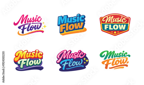 Clean modern holiday banner illustration displaying modern lettering logo set for Music Flow, professional logo-style typography