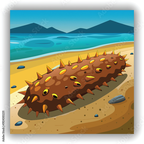 A close-up, eye-level shot presents a sea cucumber resting on a sandy beach at the water's edge. The sea cucumber, the main subject, is oblong-shaped and has a textured exterior, covered in small, clo