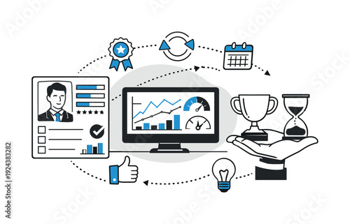 Modern minimal flat vector conceptual collage, crisp hard edges, consistent THIN outline stroke, rounded corners where needed,