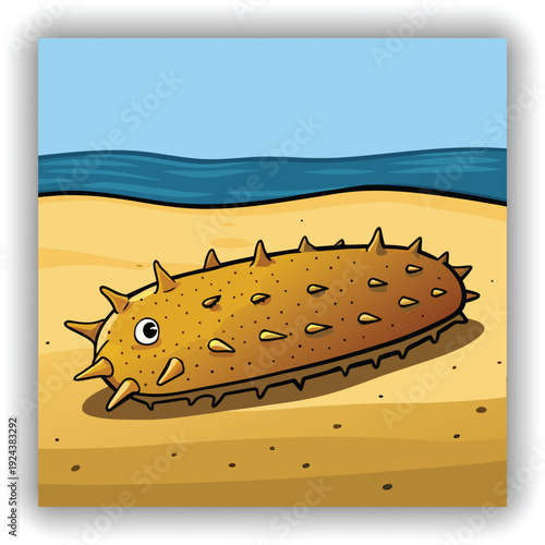 A close-up, eye-level shot presents a sea cucumber resting on a sandy beach at the water's edge. The sea cucumber, the main subject, is oblong-shaped and has a textured exterior, covered in small, clo
