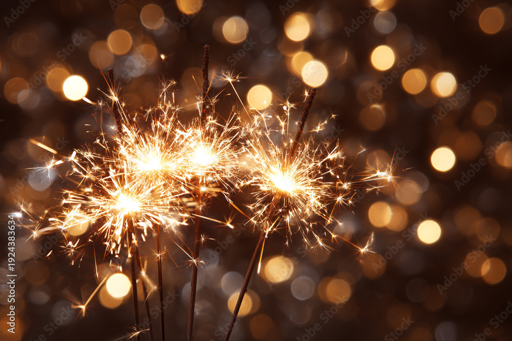 Fototapeta premium Sparkling fireworks illuminate a dark background with soft bokeh lights creating a festive atmosphere
