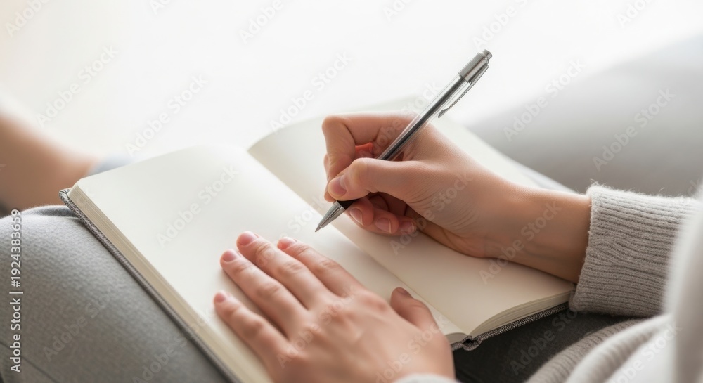 Fototapeta premium Person writing in notebook with pen on white blank pages, close up on hands. Writing in notebook activity, capturing thoughts and ideas, personal reflection.