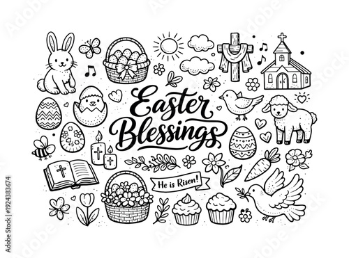 Easter blessings illustration, hand drawn doodle elements set, center hand-lettered title, black & white vector line art, bold
