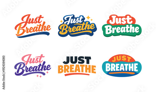 Clean modern holiday banner illustration displaying modern lettering logo set for Just Breathe ready for commercial use, six logo