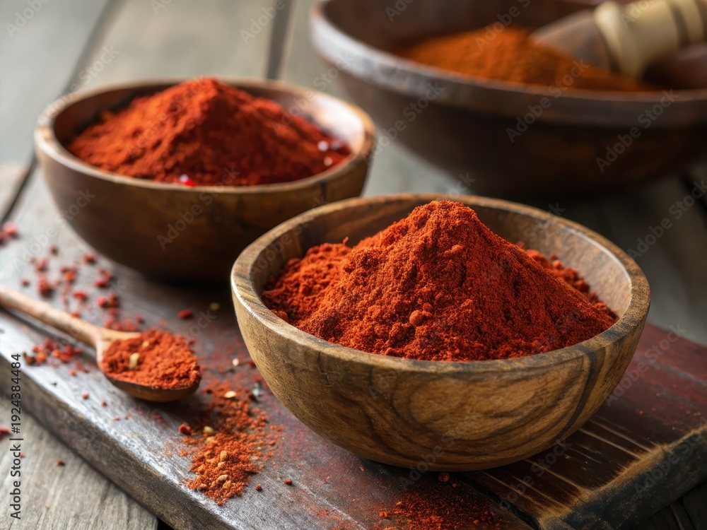 Fototapeta premium Fiery crimson chili powder piled in rustic wooden bowls and scattered on a textured cutting board