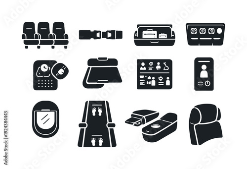 Solid vector icons of aircraft cabin experience: seat row, seatbelt, overhead bin, air vent, reading light, tray table, safety