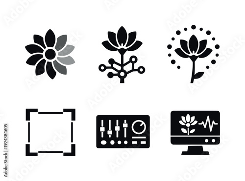 Solid vector icons of emotion-sensitive flower systems: pigment-transition petal set, host-linked stem network, reactive color