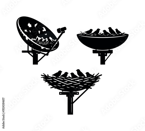 Solid vector icons of dish-frame avian shelters: rust-eaten parabolic shell, giant roost basin, twig lattice; mounting pole,