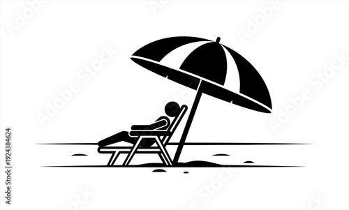 Person relaxing on a beach chair under an umbrella.