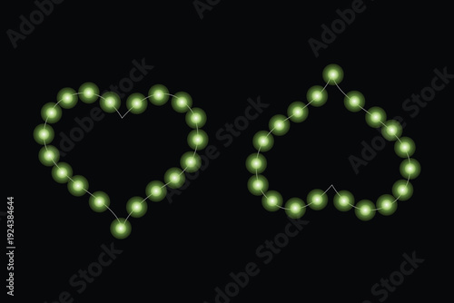 Two string lights in heart and teardrop shapes on a black background