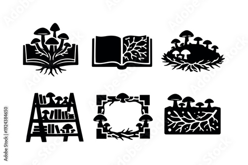 Solid vector icons of mycelium-infused libraries: book–fungus hybrid, mycelial page web, moss patch crest; wooden rack, alignment