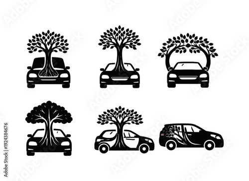 Solid vector icons of car–tree fusion designs: engine cavity bloom, rising wooden stem, branch canopy arc; support beam, frame