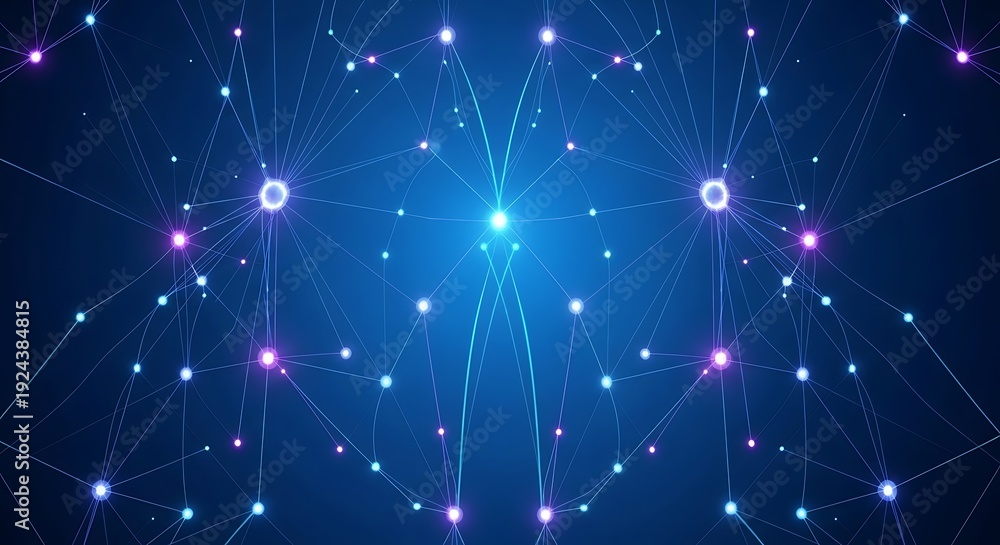 Fototapeta premium A futuristic network of interconnected nodes and lines on a dark blue background from a central viewpoint