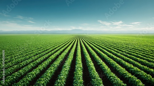Wide landscape of vibrant green crop rows under clear sky at midday