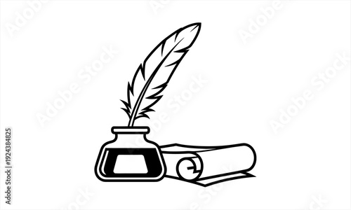 Quill pen inkwell and scroll black and white illustration.