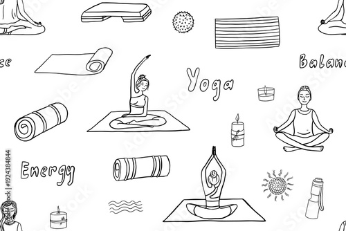 Seamless pattern of  yoga and wellness elements.  Fitness, pilates. Yoga mat, candles, stretching, relaxation. Hand drawn