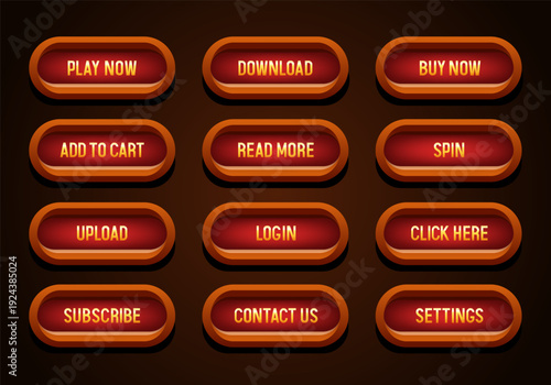 Buttons set. Red buttons with wooden frame. Vector button