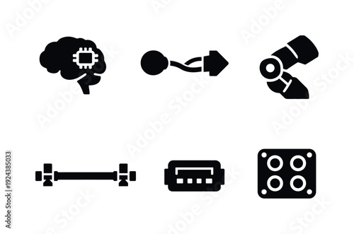 Thought-Controlled Mobility Icons. Solid vector icons of thought-controlled mobility implants: cortical–spinal bridge chip, intent